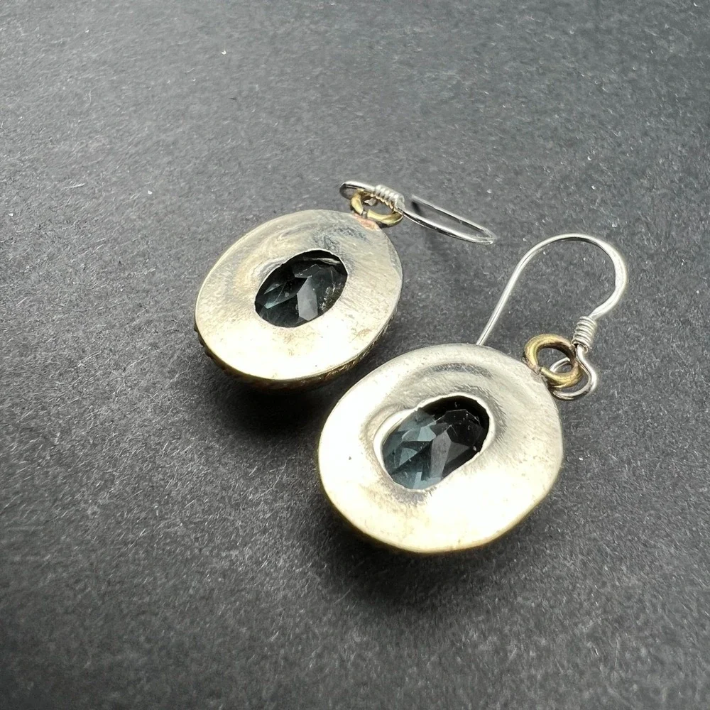 Womens Dangle Earrings Blue‎ Faceted Glass Mixed Metal Vintage Boho Artisanal